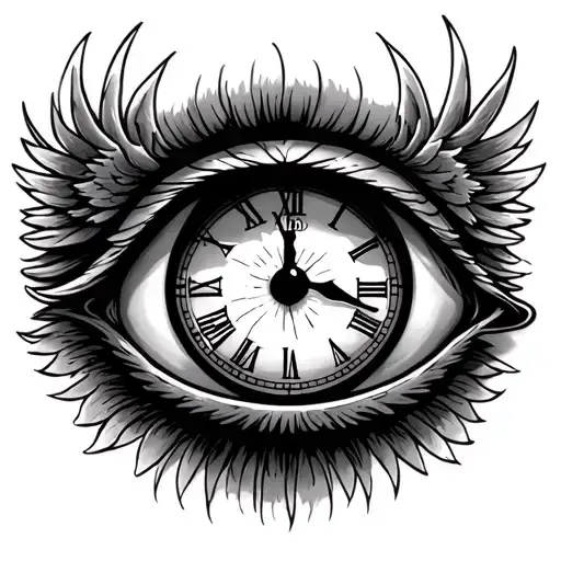 a beautiful eye of small size but not very small with a clock inside indicating 11:15 pm and around it put angel wings tattoo design idea