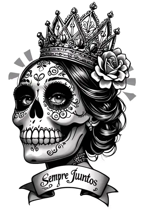 little boss sugar skull woman with a queen's crown, five flags and the words sempre juntos. tattoo design idea