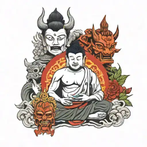 Buddha and oni mask split in half and a shrine guardians infront tattoo design idea