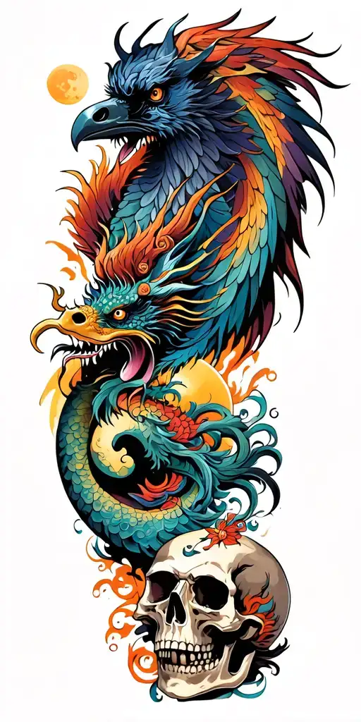 Chinese dragon and phoenix and skull and moon and raven tattoo design idea