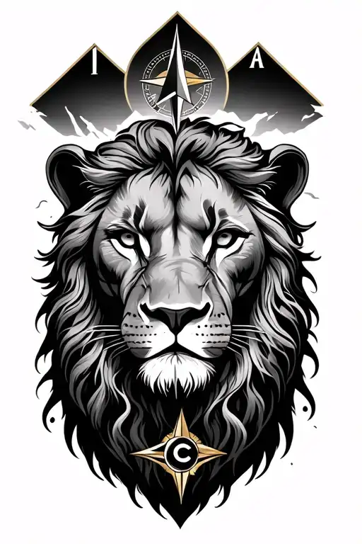 casino, mountains and compass rose and lion tattoo design idea