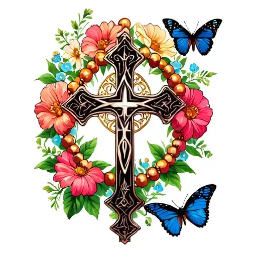 irish catholic cross, rosary beads around, flowers, butterflies tattoo design idea