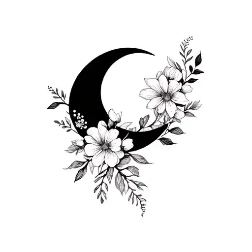 crescent moon with mimosa flowers wrapping around it in black and white tattoo design idea