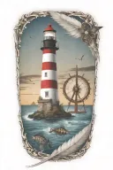 Light house, ship wheel with a clock, Indian feather, tropical fish, motorcycle tattoo design idea