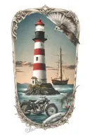 Light house, ship wheel with a clock, Indian feather, tropical fish, motorcycle tattoo design idea