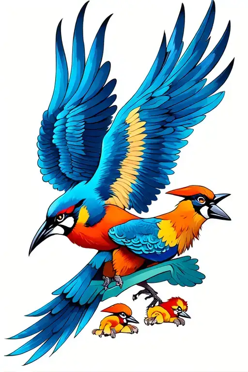 Griffin: part lion part taiwanese blue magpie. Inside of wings visible and spread. two baby griffin one in each paw tattoo design idea