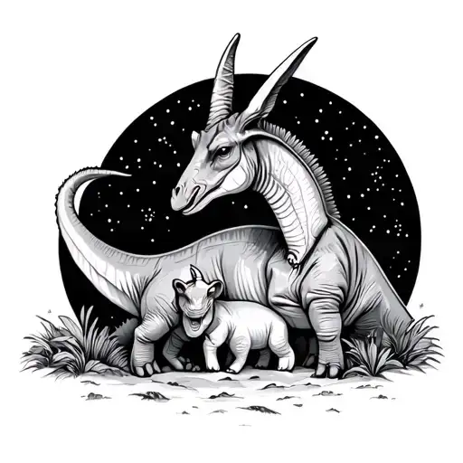 parasaurolophus cuddling in front of a sleeping baby parasaurolophus under a starry sky tattoo design idea