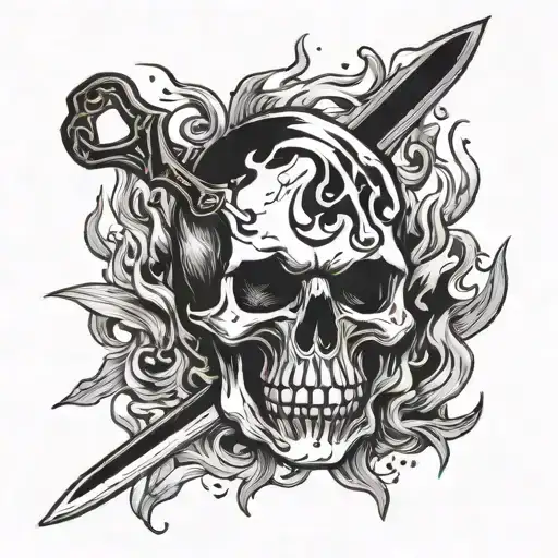 A skull with a knife, going through its head and flames in the background tattoo design idea