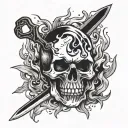 A skull with a knife, going through its head and flames in the background tattoo design idea