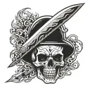 A skull with a knife, going through its head and flames in the background tattoo design idea