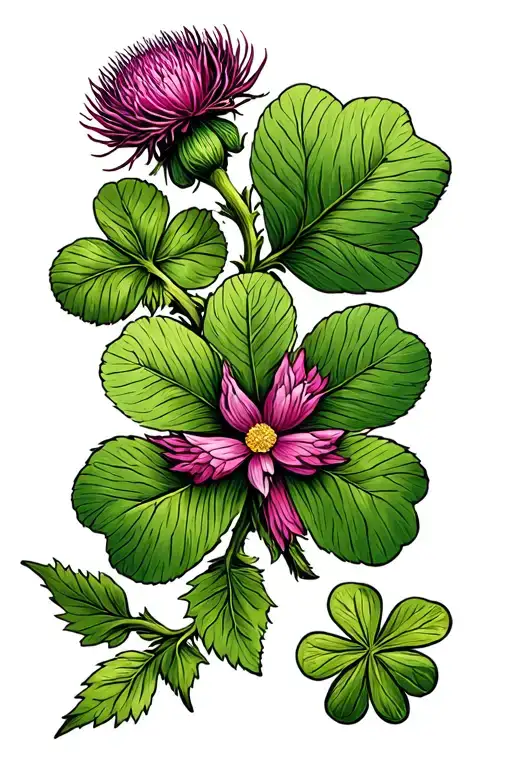 Scottish thistle, English Tudor rose and Irish shamrock combined in a coloured fine line tattoo that is small and simple tattoo design idea