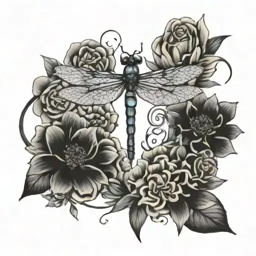 dragonfly with flowers intertwined with words "this too shall pass" tattoo design idea