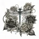 dragonfly with flowers intertwined with words "this too shall pass" tattoo design idea