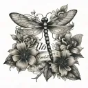 dragonfly with flowers intertwined with words "this too shall pass" tattoo design idea