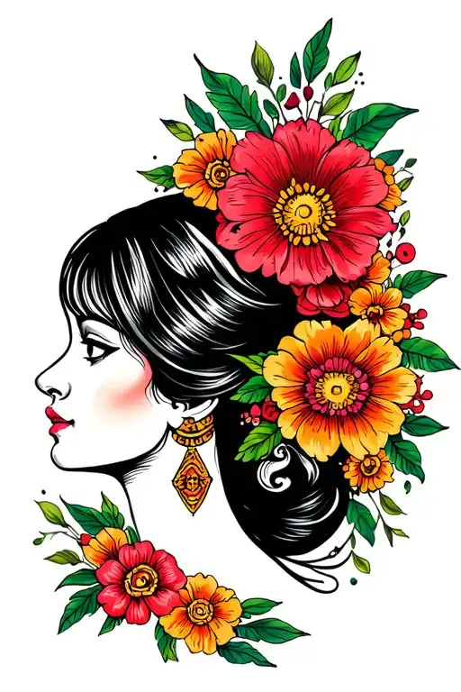 Mexican folk floral lady head tattoo design idea