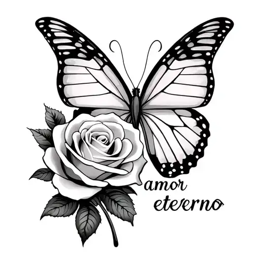 couples tattoo design featuring a white butterfly, a white rose, and the words amor eterno tattoo design idea