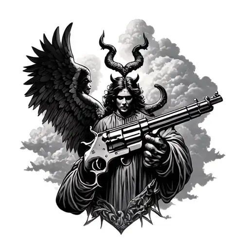 a background of clouds, a devil and an angel, old-fashioned objects, a gun, several figures in realistic form tattoo design idea