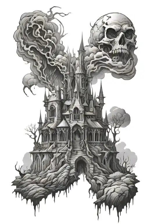 gothic death knights, burning castle covered landscape tattoo design idea