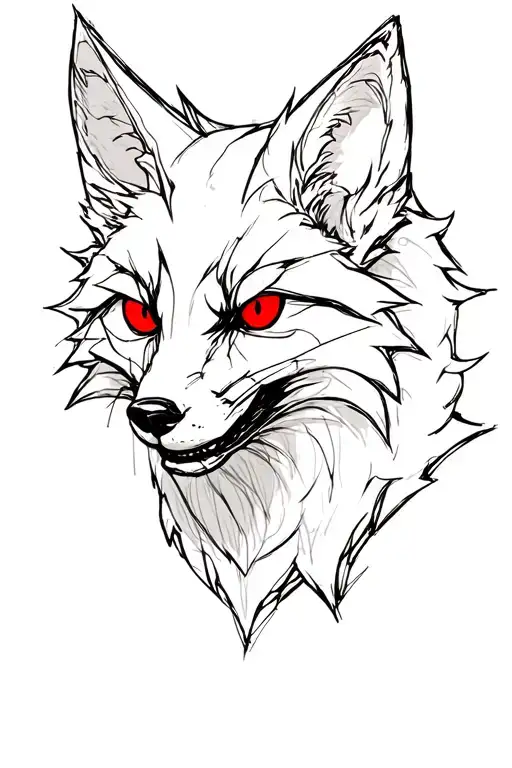 Cross, fox, sharp corners, black and red eyes scary realism tattoo design idea