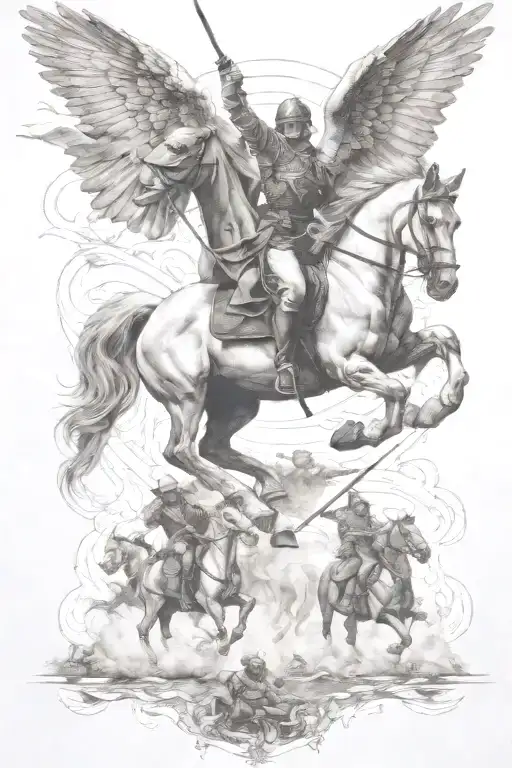 angel ride horse galloping through the war scene tattoo design idea