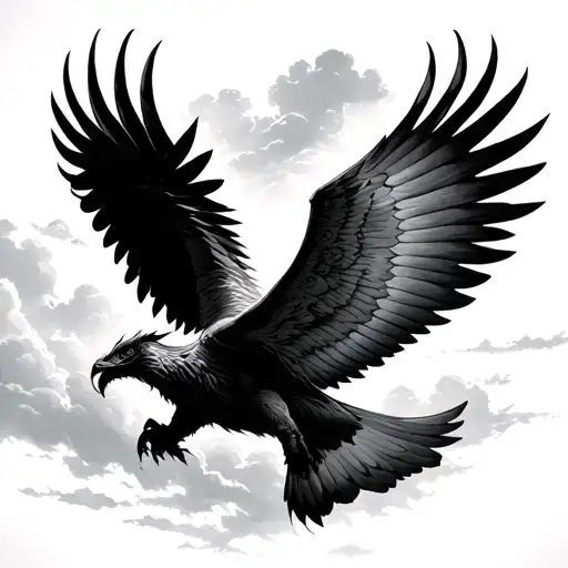 Griffin flying in sky, humble and powerful, kind of realistic, on chest tattoo design idea
