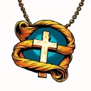 scroll with Jesus cross necklace wrapped around it tattoo design idea