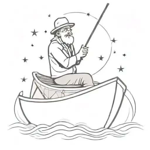 can you generate me a simple tattoo of a fisherman in the afterlife in a boat with a starry sky tattoo design idea