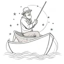 can you generate me a simple tattoo of a fisherman in the afterlife in a boat with a starry sky tattoo design idea