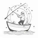 can you generate me a simple tattoo of a fisherman in the afterlife in a boat with a starry sky tattoo design idea