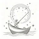 can you generate me a simple tattoo of a fisherman in the afterlife in a boat with a starry sky tattoo design idea