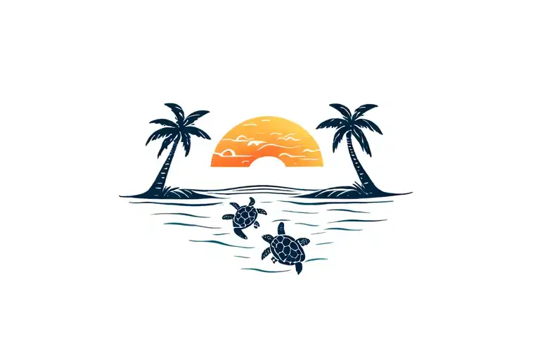beachy, palm trees, sunset, sea turtles tattoo design idea