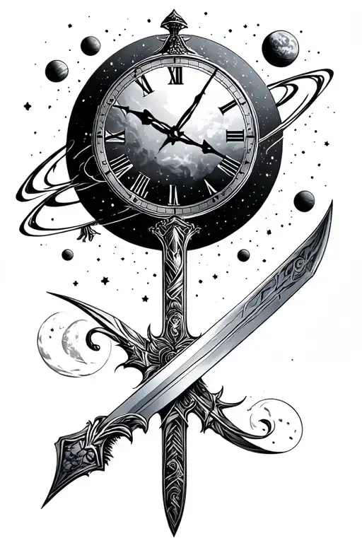 black start space, planets, time clock, sword tattoo design idea