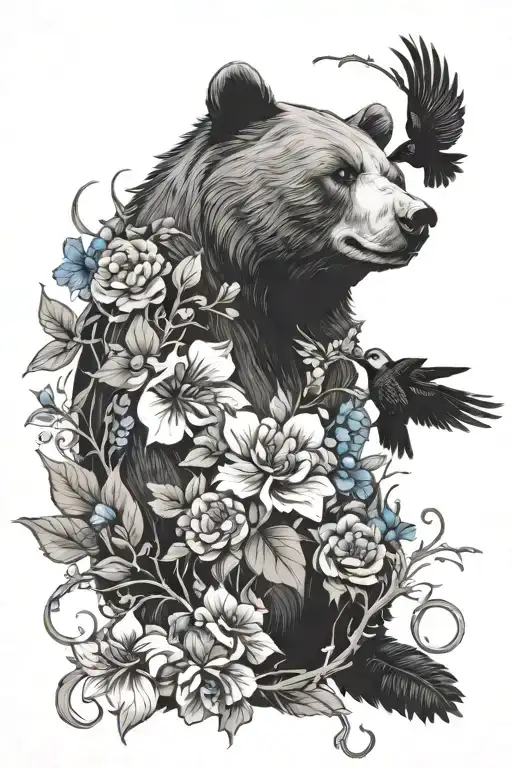 a vine wrapped round with flowers and swallow tail birds and a bear and other forest animals  tattoo design idea