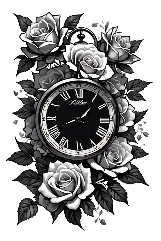 clocks and roses blooming tattoo design idea