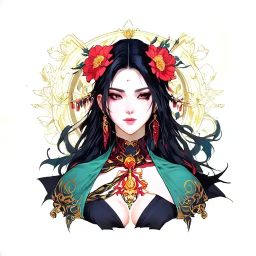 Demond Slayer Nezuko design with a pronounced neckline and sensual look. Quite color. tattoo design idea