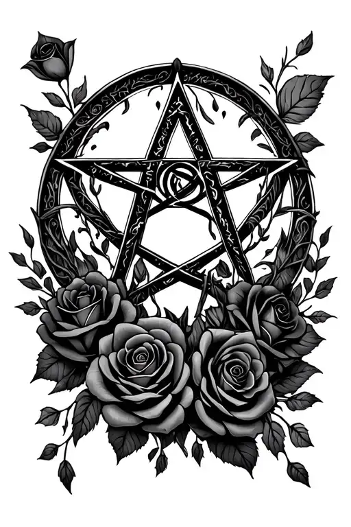 gothic with pagan symbols like pentagram, black roses and others witchery stuf tattoo design idea