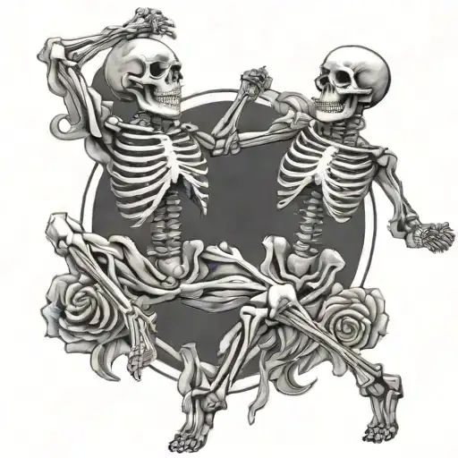 skeleton lifting other skeleton while dancing together tattoo design idea