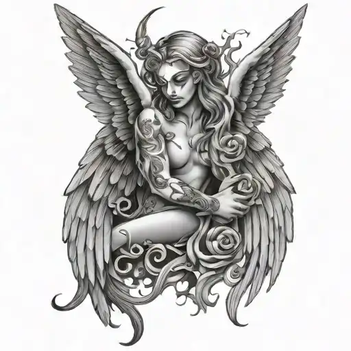 half angel half devil and wings tattoo design idea