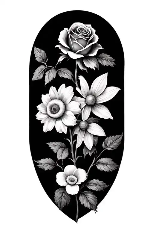 rose, daffodil, narcissus, daisy chain tattoo design idea