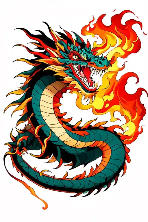 Japanese paper dragon flying and breathing fire flames tattoo design idea