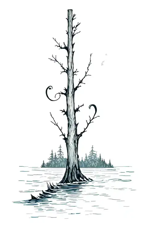 nature, wood, water, aries, ski, fineline tattoo, back, neck tattoo design idea