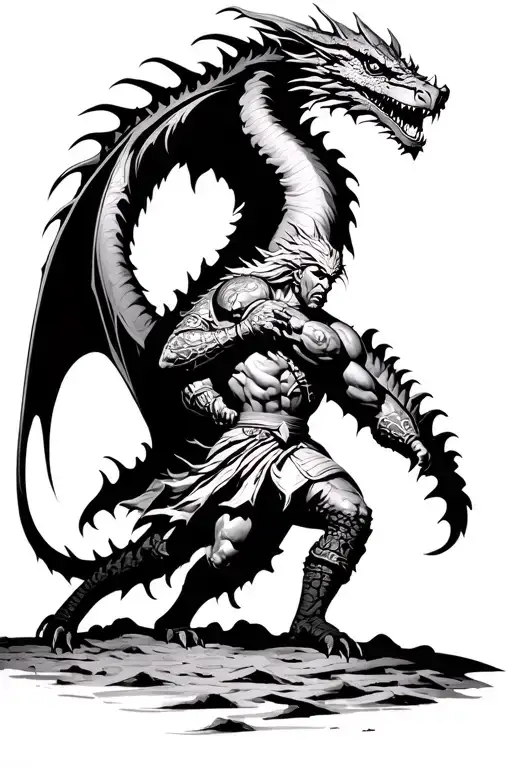 jacked spartan warrior fighting a dragon, think good vs evil, dark keltic style, wrapped in battle, more realistic tattoo design idea