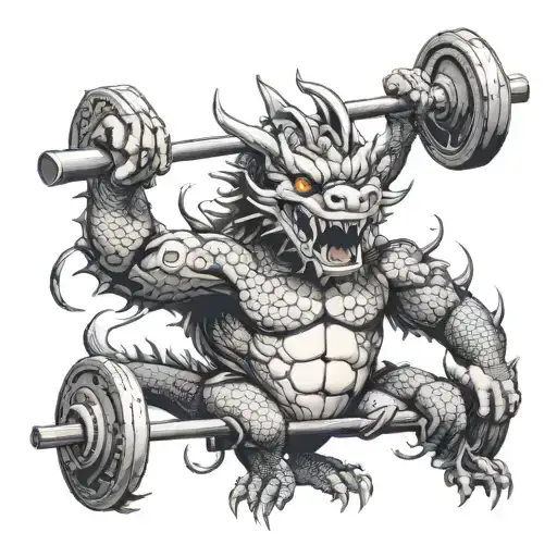 Dragon holds a barbell with Eleiko discs tattoo design idea