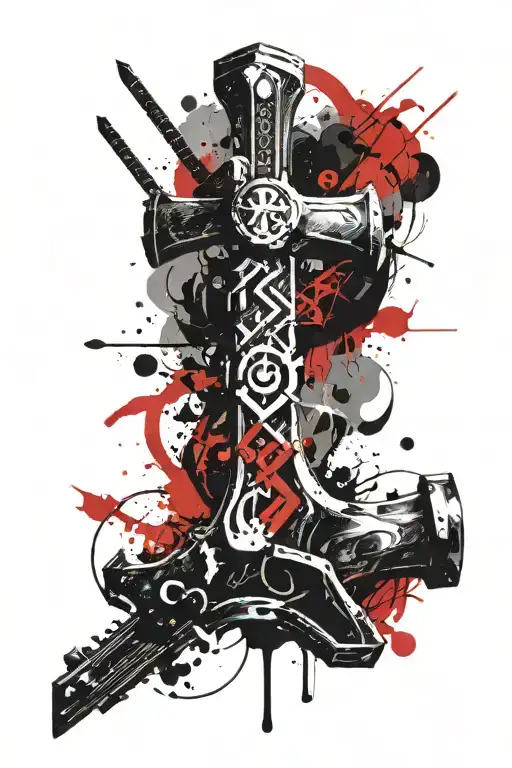 thors hammer and pisces sign mixed with peace sign tattoo design idea