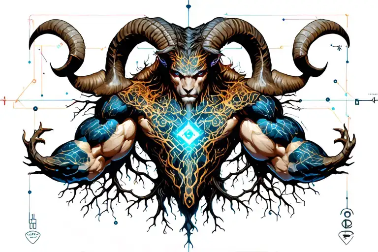 gay male horned satyr with massive bodybuilder muscles. tree roots, constellations, woodland wild animals tattoo design idea