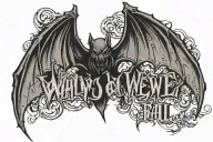 "Why do we fall?" gothic text tattoo with the silhouette of a bat integrated into the negative space in the text. tattoo design idea