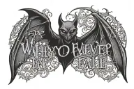 "Why do we fall?" gothic text tattoo with the silhouette of a bat integrated into the negative space in the text. tattoo design idea