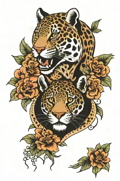 JAGUAR WITH CATTLE AND FLOWERS AROUND tattoo design idea