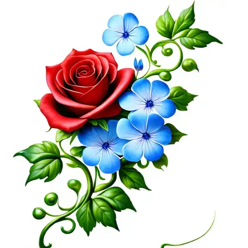 S-shaped scrolling green vine with 3 large blue forget-me-nots, intertwined with a red rose tattoo design idea