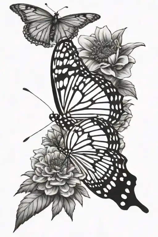 zinnia and monarch butterfly flying tattoo design idea